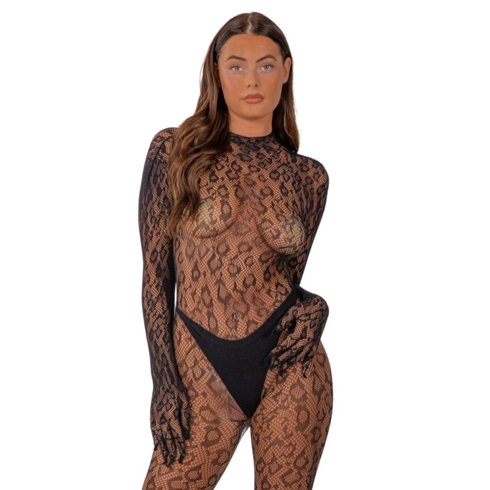 Lace by LJ Gloved Leopard Print Catsuit Black for Her - Lingerie