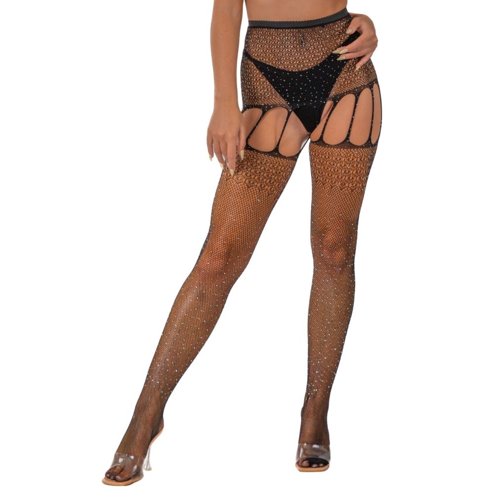 Lace by LJ Rhinestone Suspender Tights Black for Her - Lingerie