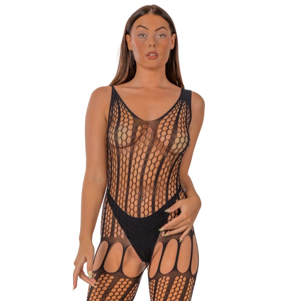 Lace by LJ Black Crochet Lace-Up Bodystocking - Lingerie
