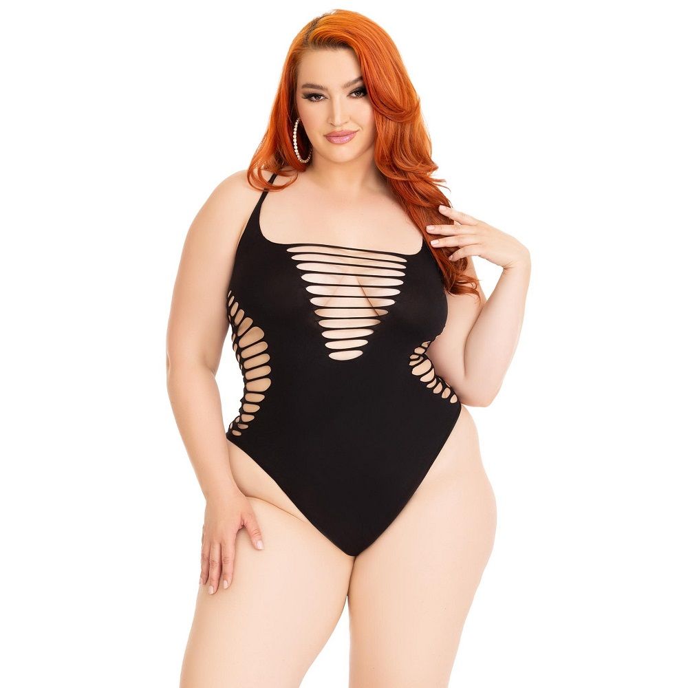 Leg Avenue Shredded Thong Bodysuit Black Plus for Her - Lingerie