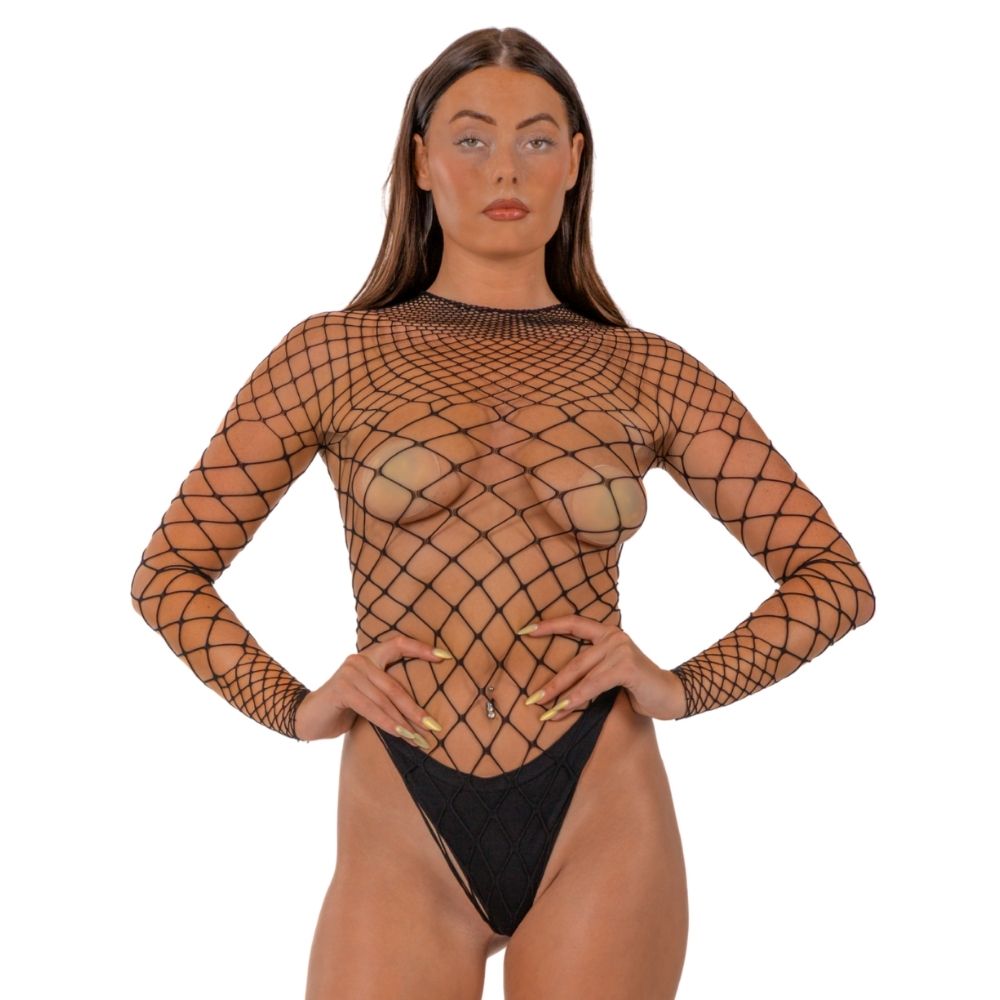 Lace by LJ Fence Net Long Bodysuit for Her - Lingerie
