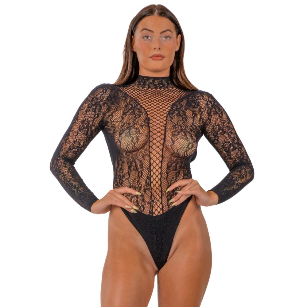 Lace by LJ High Neck Lace Bodysuit Black for Her - Lingerie