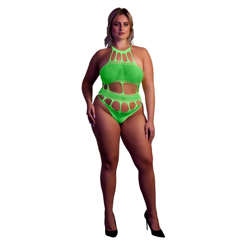 Cut Out Thong Bodysuit Neon Green Plus Size for Her - Lingerie