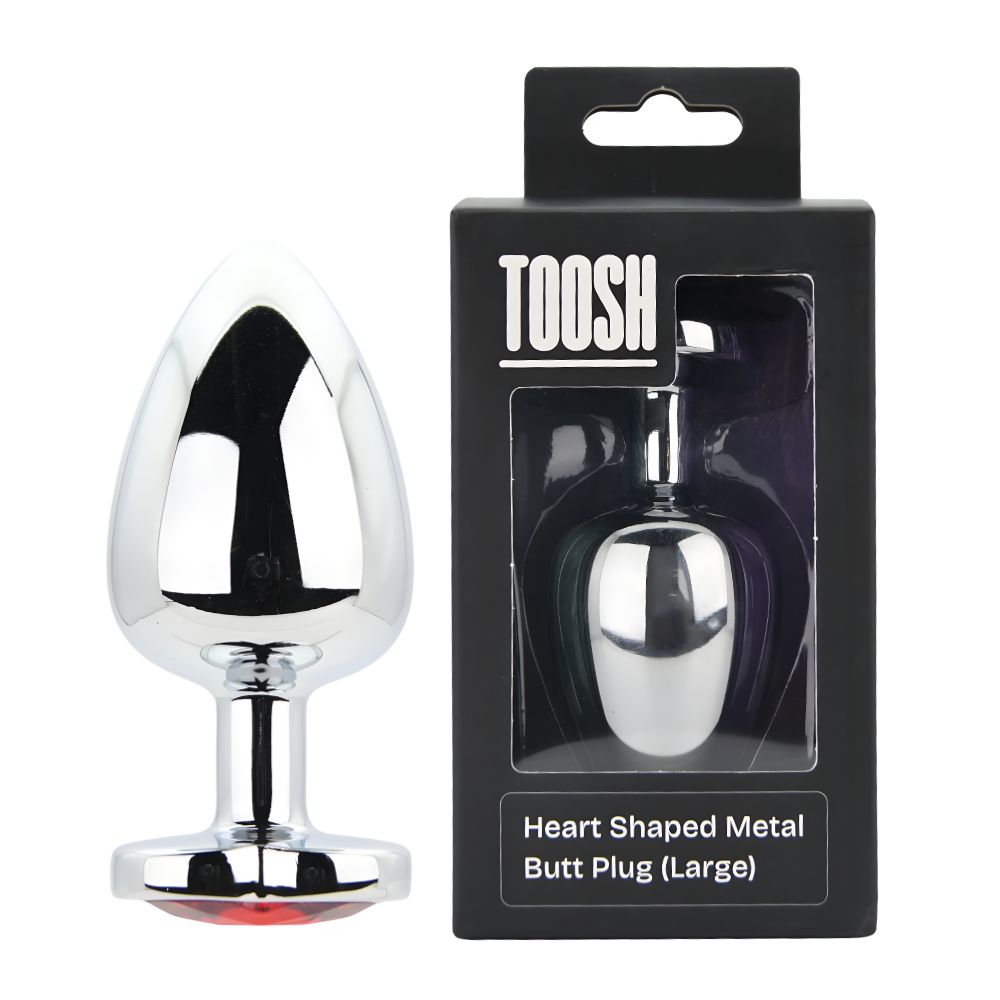 Toosh Heart Shaped Silver Butt Plug with Red Stone Large - Toys