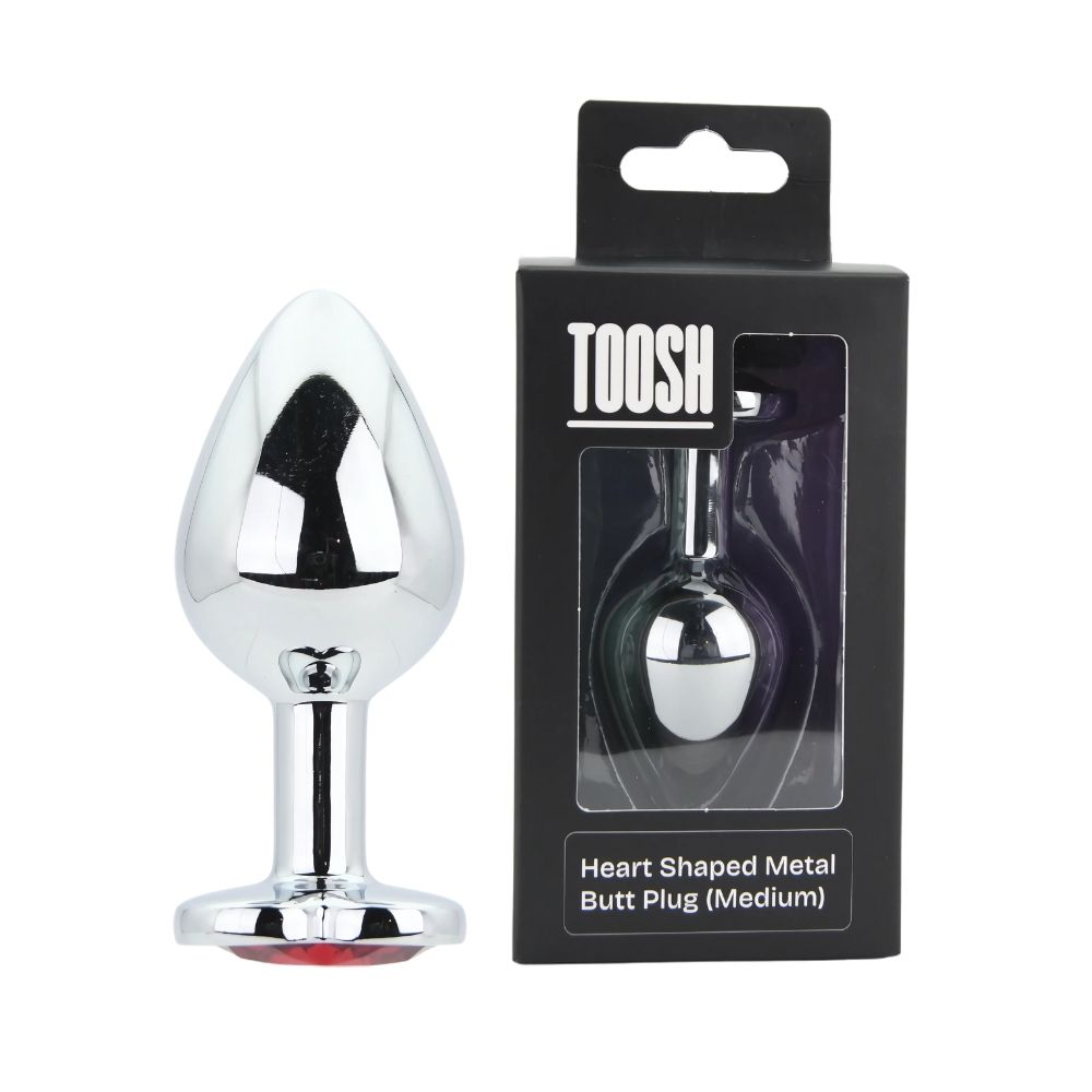 Toosh Heart Shaped Silver Butt Plug with Red Stone Medium - Toys