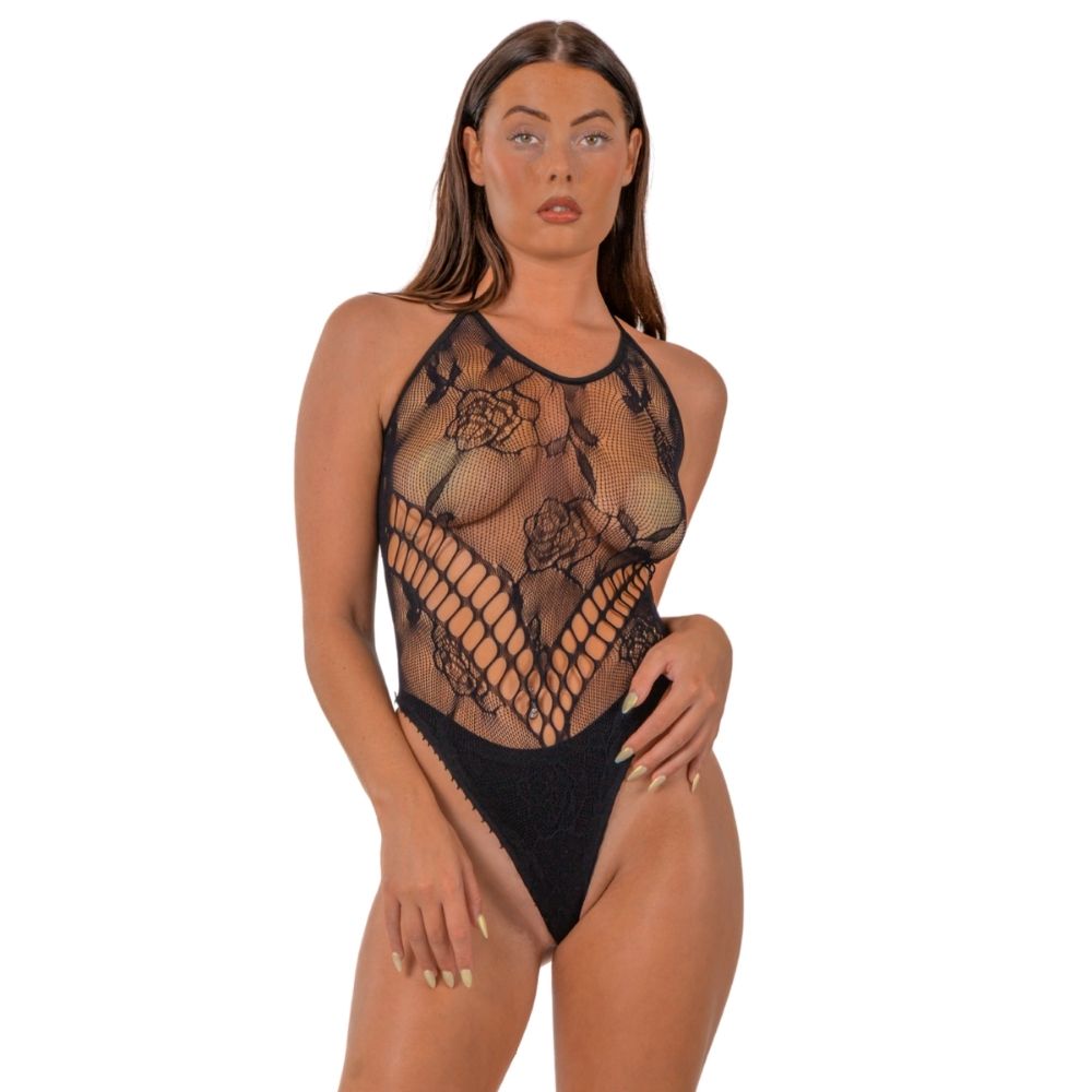 Lace by LJ Floral Halter Bodysuit Black for Her - Lingerie
