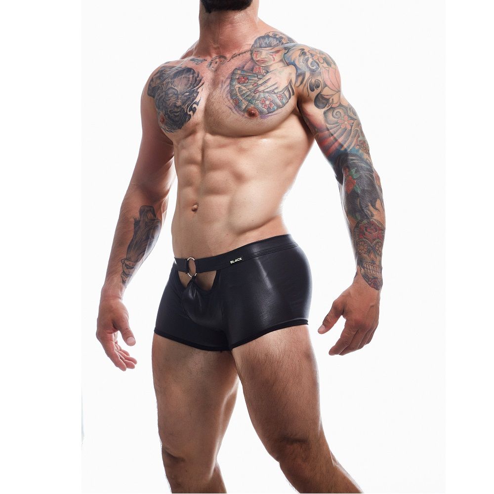C4M Peekaboo Black Leatherette Mini Pants Small for Him - Lingerie