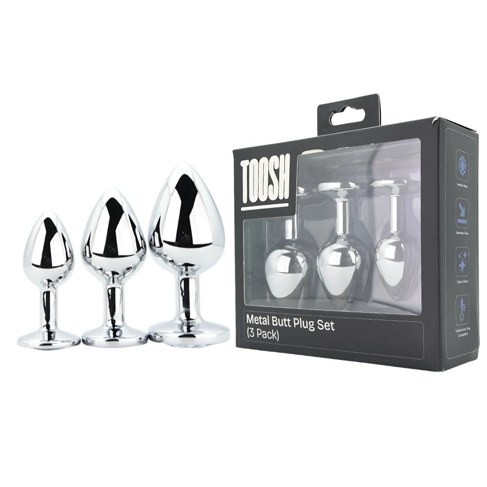 Toosh Metal Butt Plug Silver Set of 3 Clear Stone - Toys