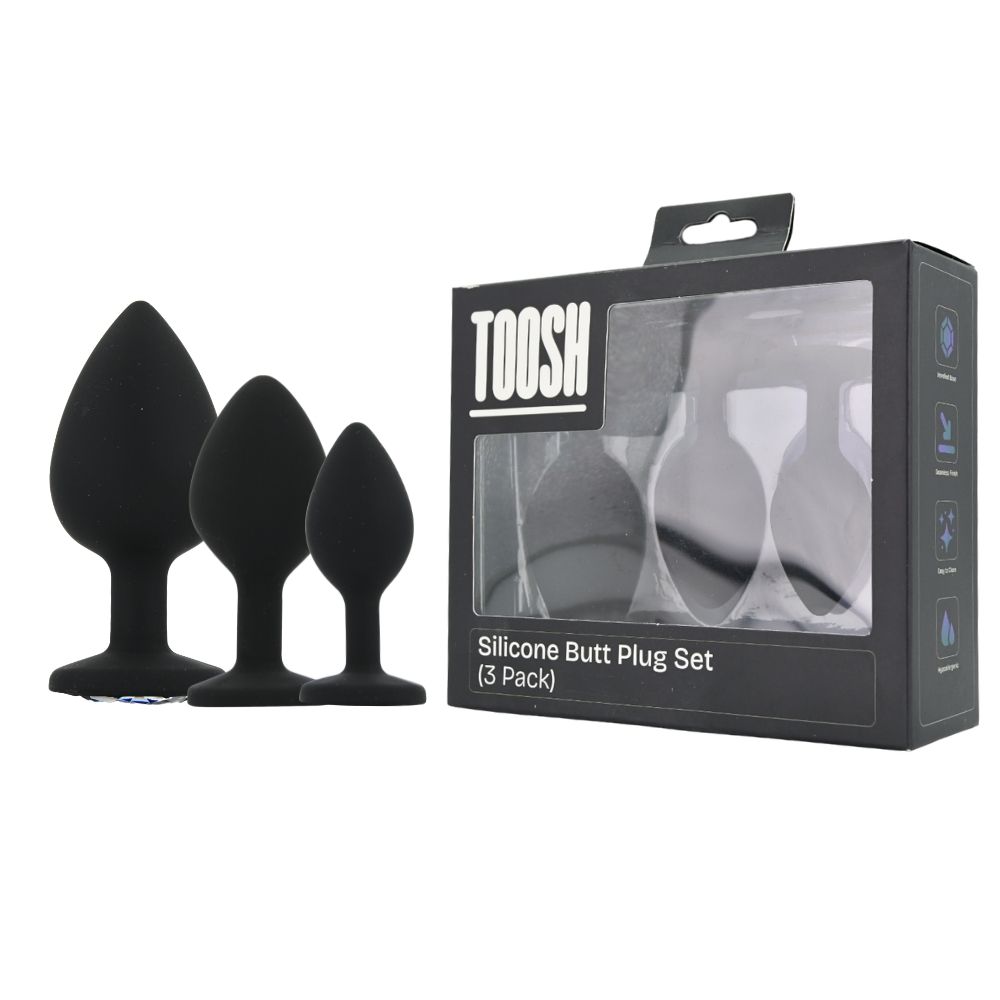 Toosh Silicone Butt Plug Black Set of 3 Clear Stone - Toys
